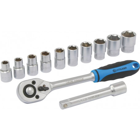 Cliquet 1/2" 45 dents avec 10 douilles de 10 à 24mm et rallonge 